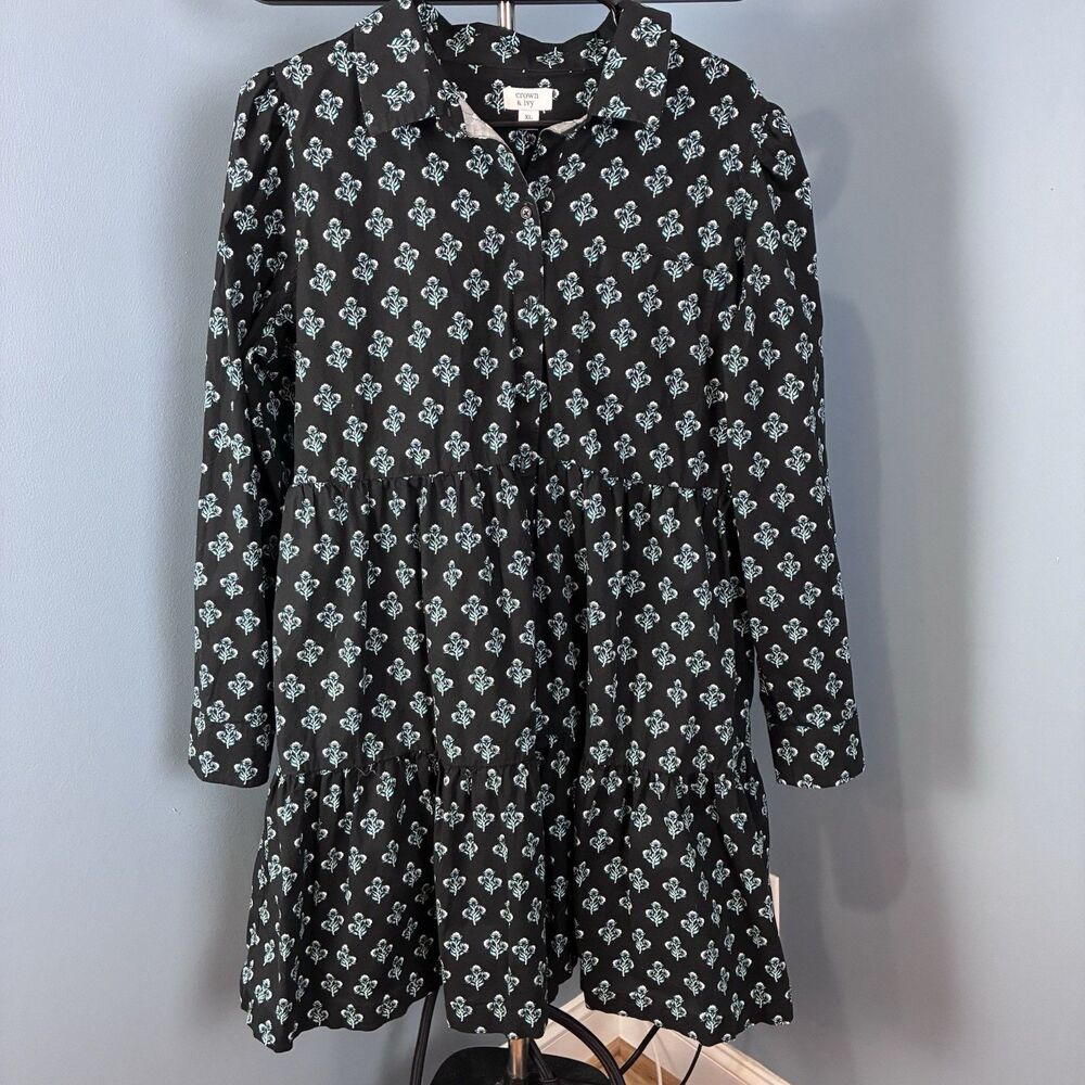 Crown And Ivy Women’s Black Floral Midi Long Sleeve Cotton Dress Size XL